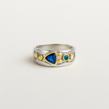 Two-Tone Statement Ring - Blue Glass Accents - Gold & Silver Tone - Alloy