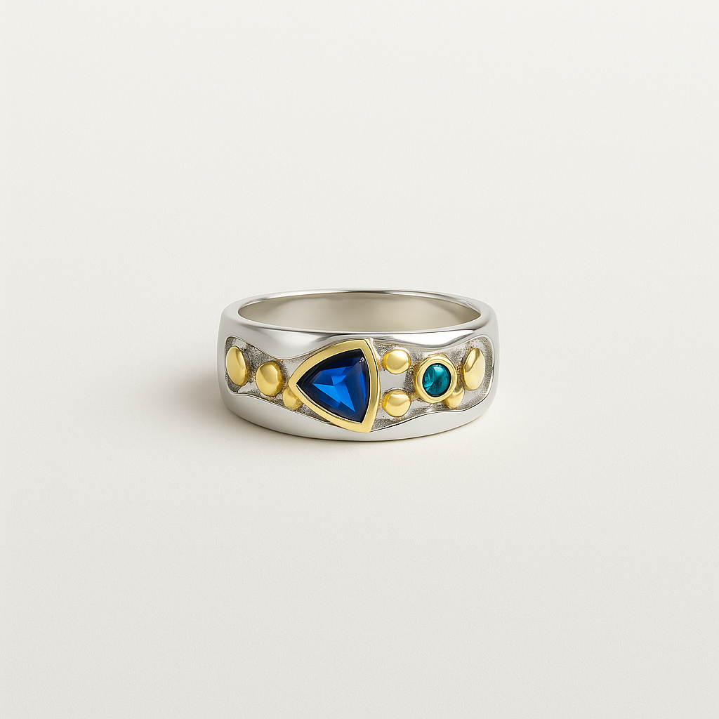 Gold and Silver Tone Ring with Blue Glass Accent Stones