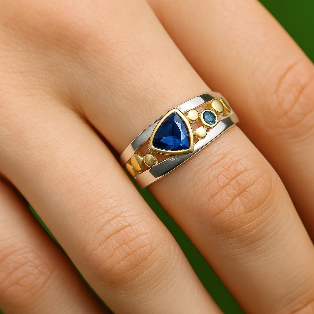 Gold and Silver Tone Ring with Blue Glass Accent Stones