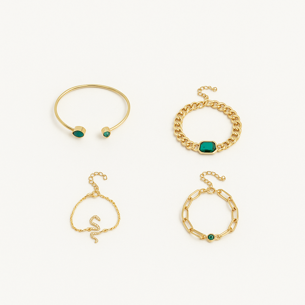 Gold color Bracelet Set with Green Crystal Accents