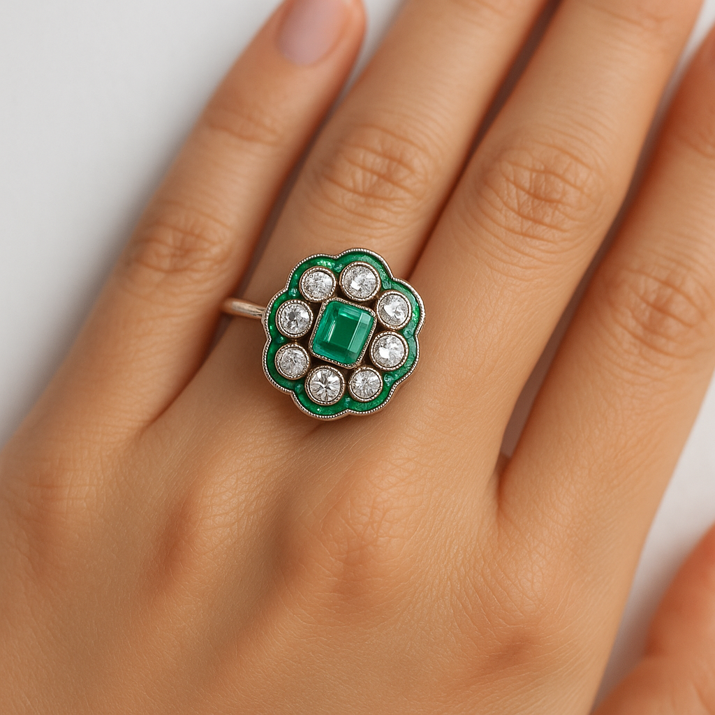 Green Floral-Inspired Ring with Clear Accent Stones