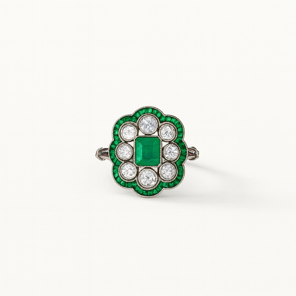 Green Floral-Inspired Ring with Clear Accent Stones