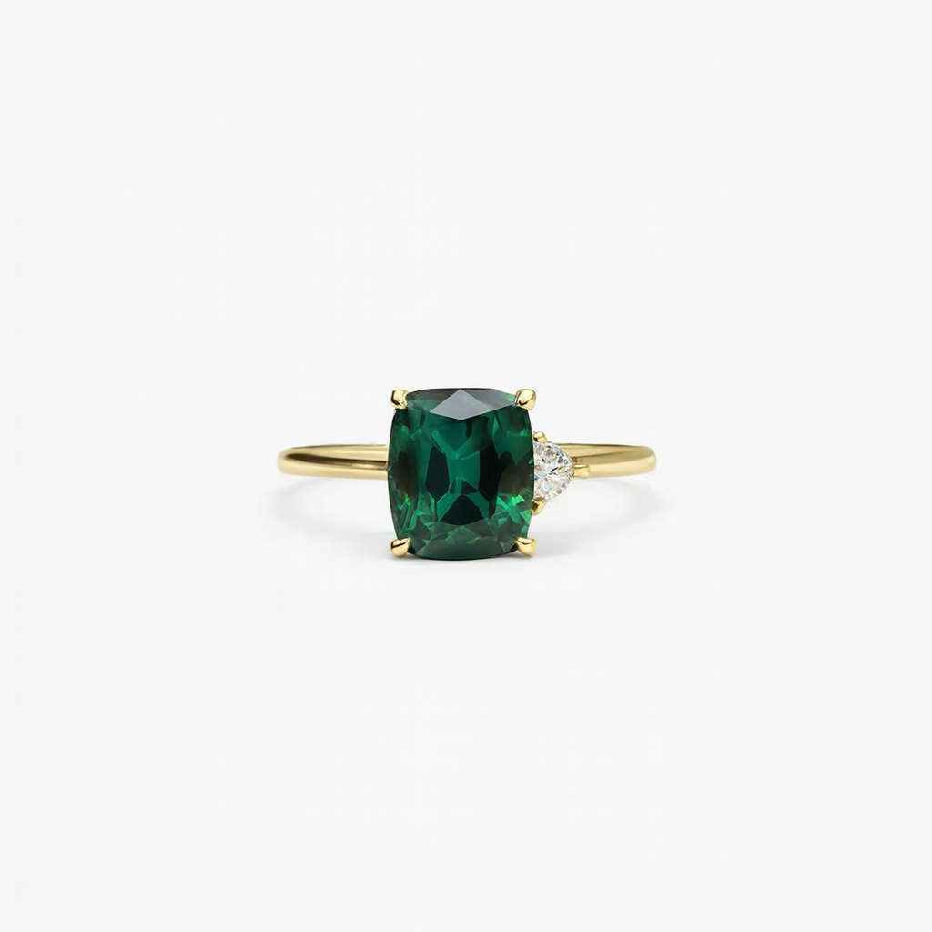 Green Rectangle-Cut Ring with Side Triangle Accents
