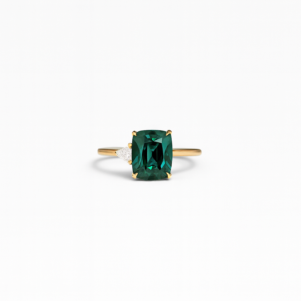 Green Rectangle-Cut Ring with Side Triangle Accents