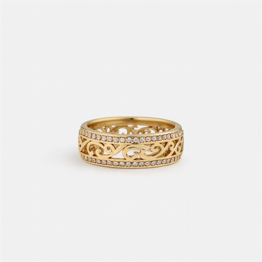 Intricate Gold Band Ring with Filigree and Gemstone Detail