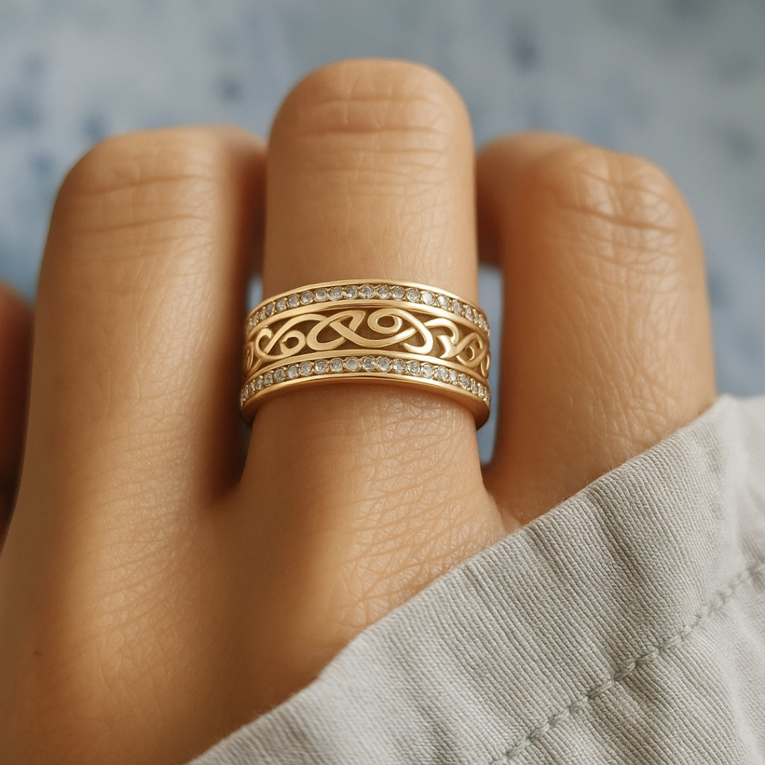 Intricate Gold Band Ring with Filigree and Gemstone Detail