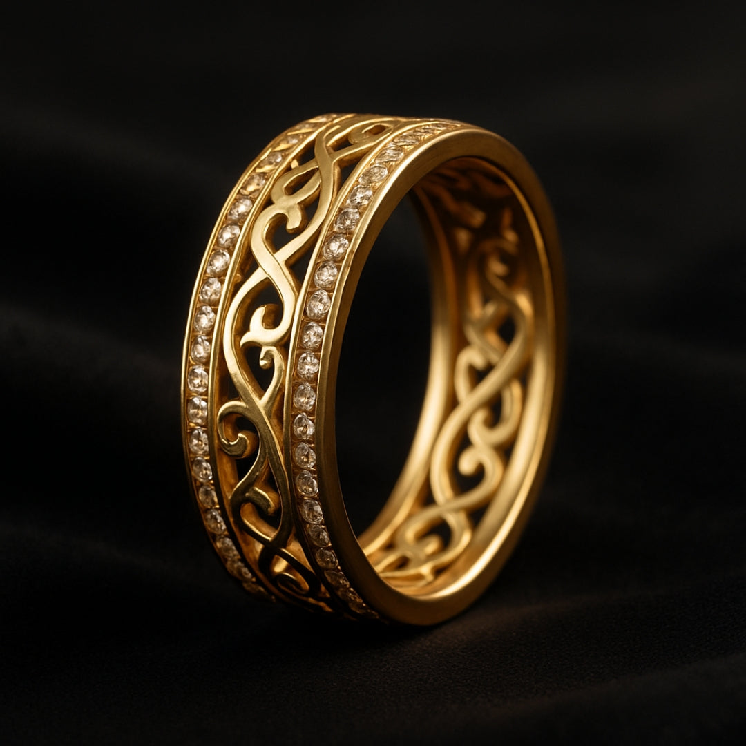 Intricate Gold Band Ring with Filigree and Gemstone Detail