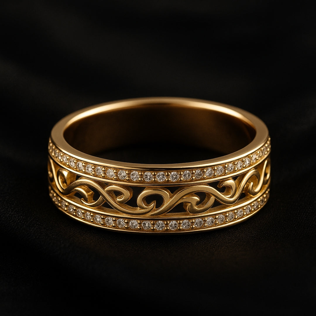 Intricate Gold Band Ring with Filigree and Gemstone Detail