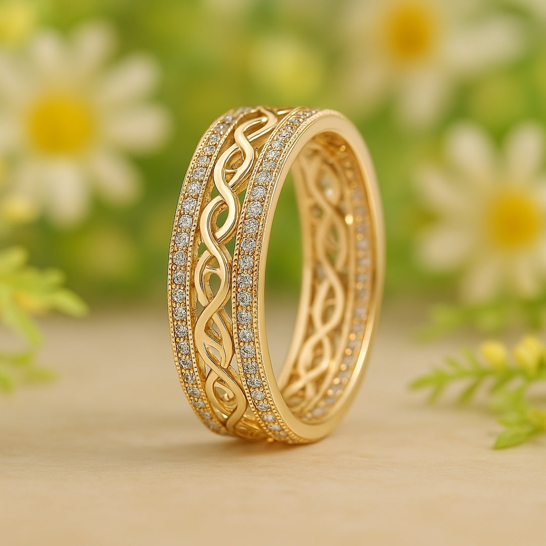Intricate Gold Band Ring with Filigree and Gemstone Detail