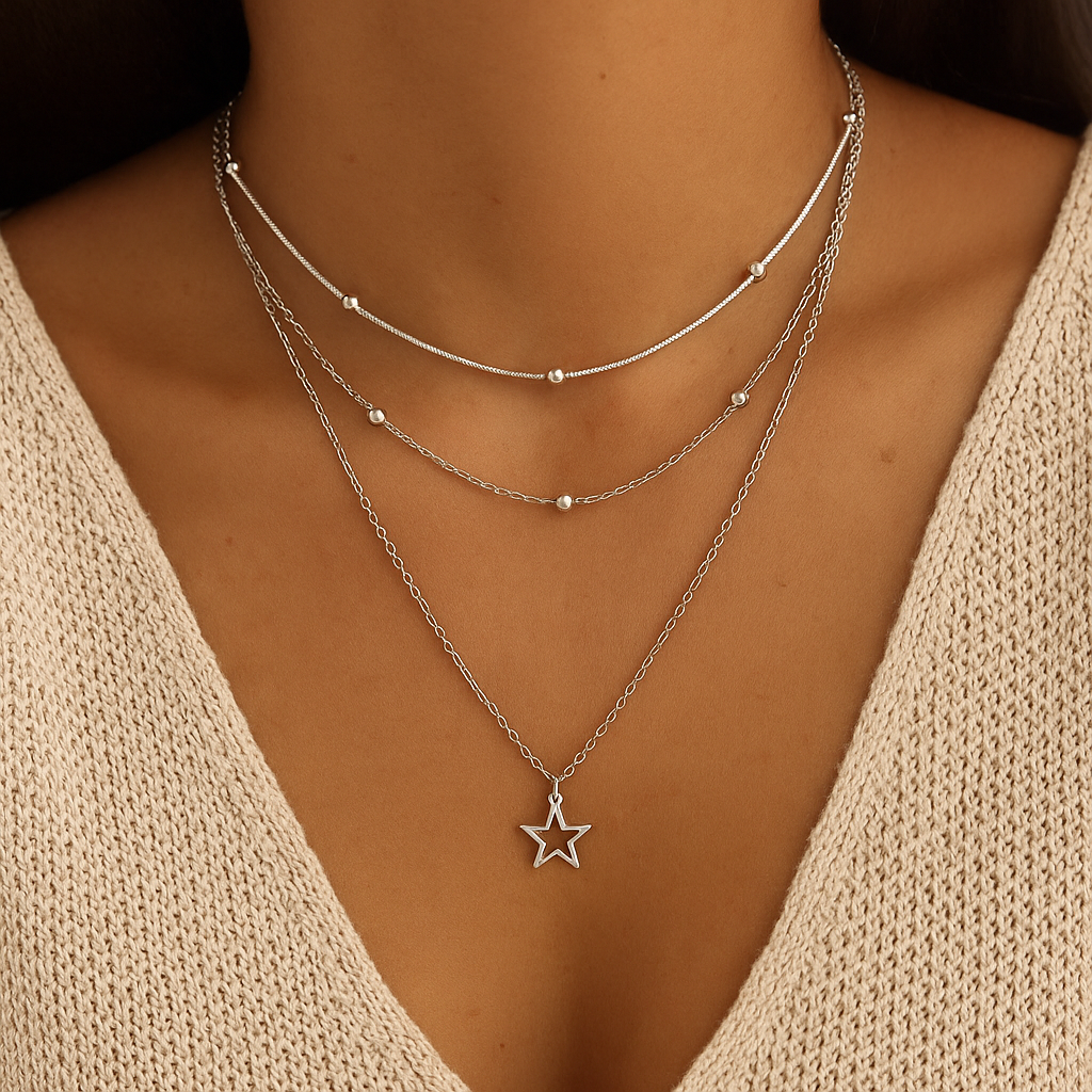 Layered Silver Necklace with Star Charm Pendant