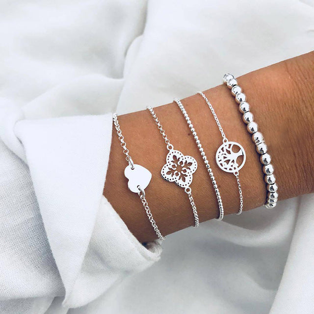 Layered Charm Bracelet Set with Marble Bead Accents
