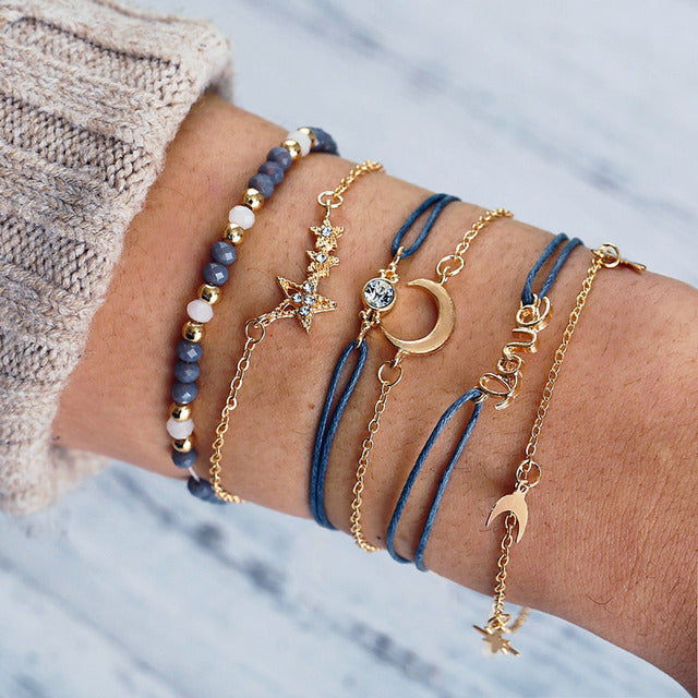 Layered Charm Bracelet Set with Marble Bead Accents