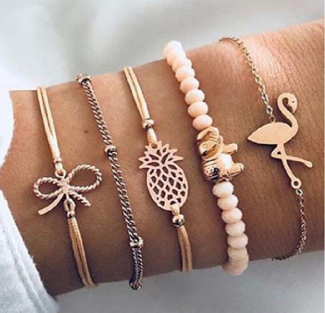 Layered Charm Bracelet Set with Marble Bead Accents