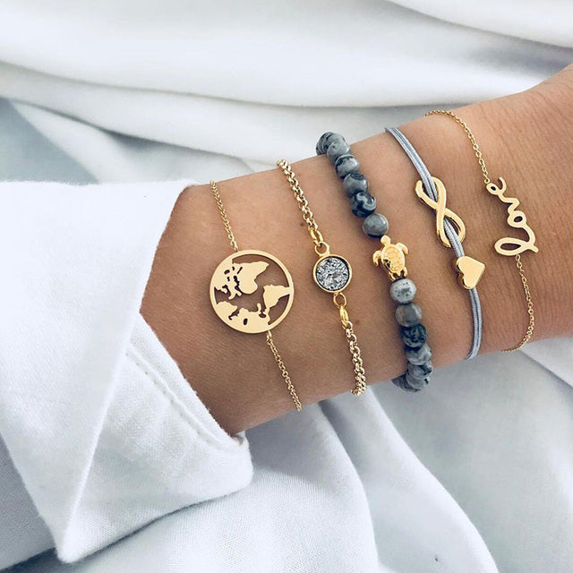 Layered Charm Bracelet Set with Marble Bead Accents