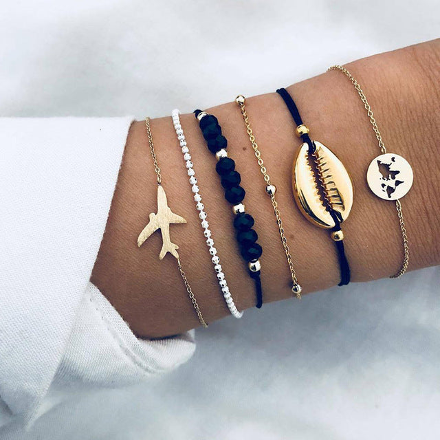 Layered Charm Bracelet Set with Marble Bead Accents
