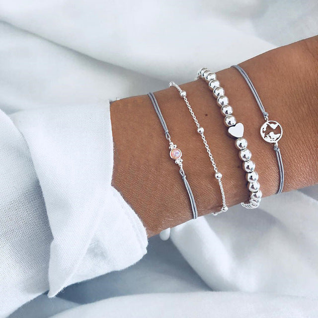 Layered Charm Bracelet Set with Marble Bead Accents