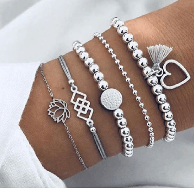 Layered Charm Bracelet Set with Marble Bead Accents