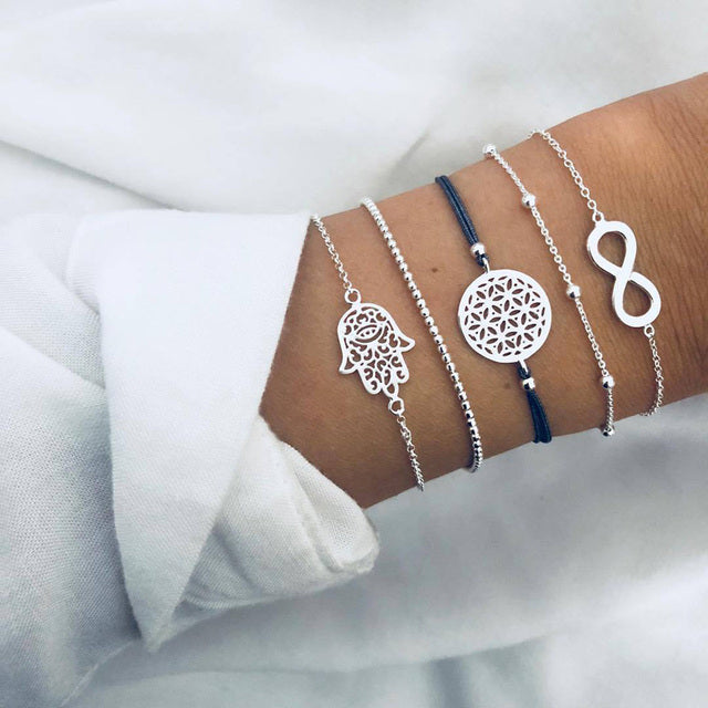 Layered Charm Bracelet Set with Marble Bead Accents