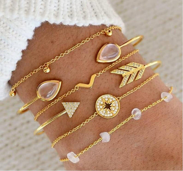 Layered Charm Bracelet Set with Marble Bead Accents
