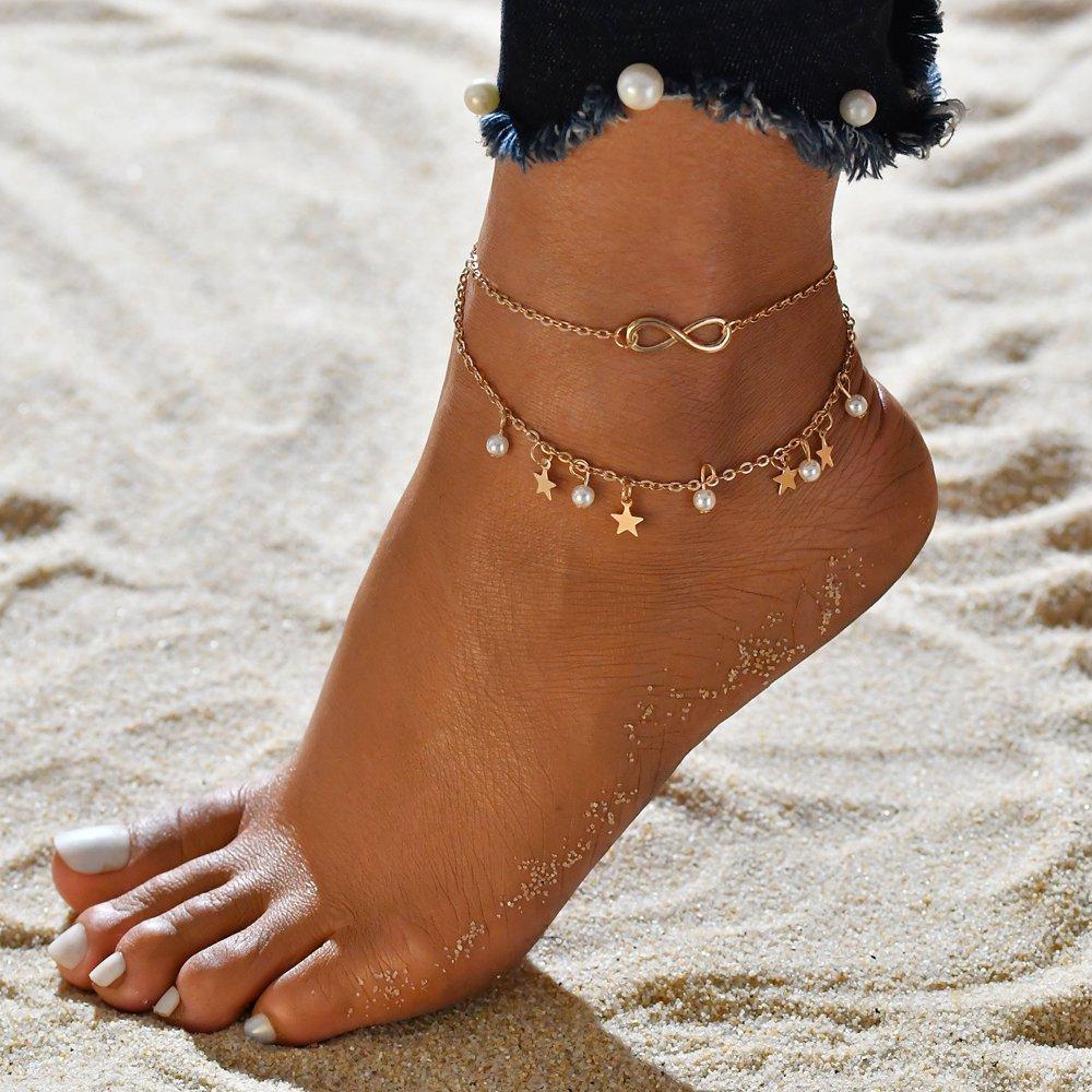 Layered Infinity Anklet with Pearl and Star Charm Details