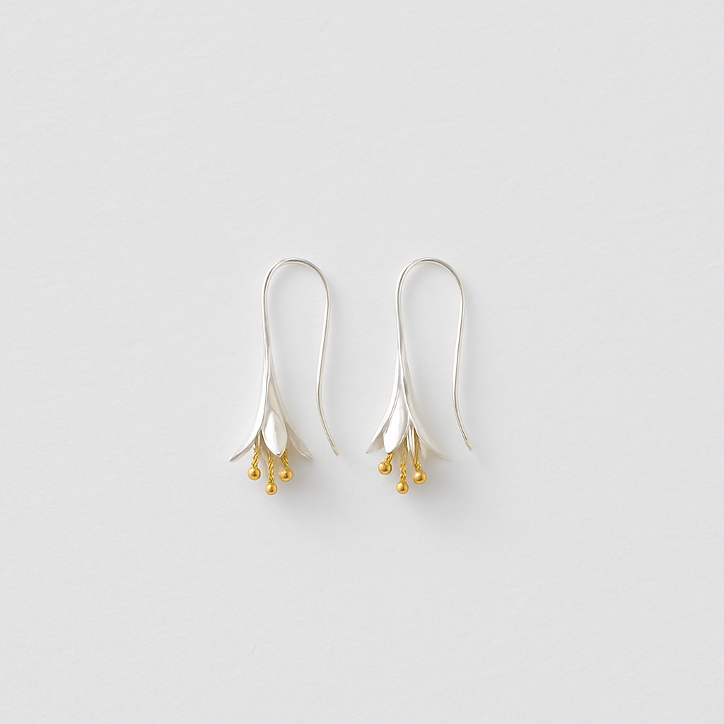 Long Silver Floral Drop Earrings with Gold Bead Accents