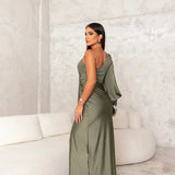 Women's Long Sleeves One Shoulder Ruched Wedding Guest Dress | Maxi