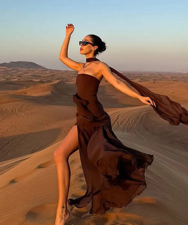 Women's Sleeveless Wedding Guest Dress with Scarf | Maxi