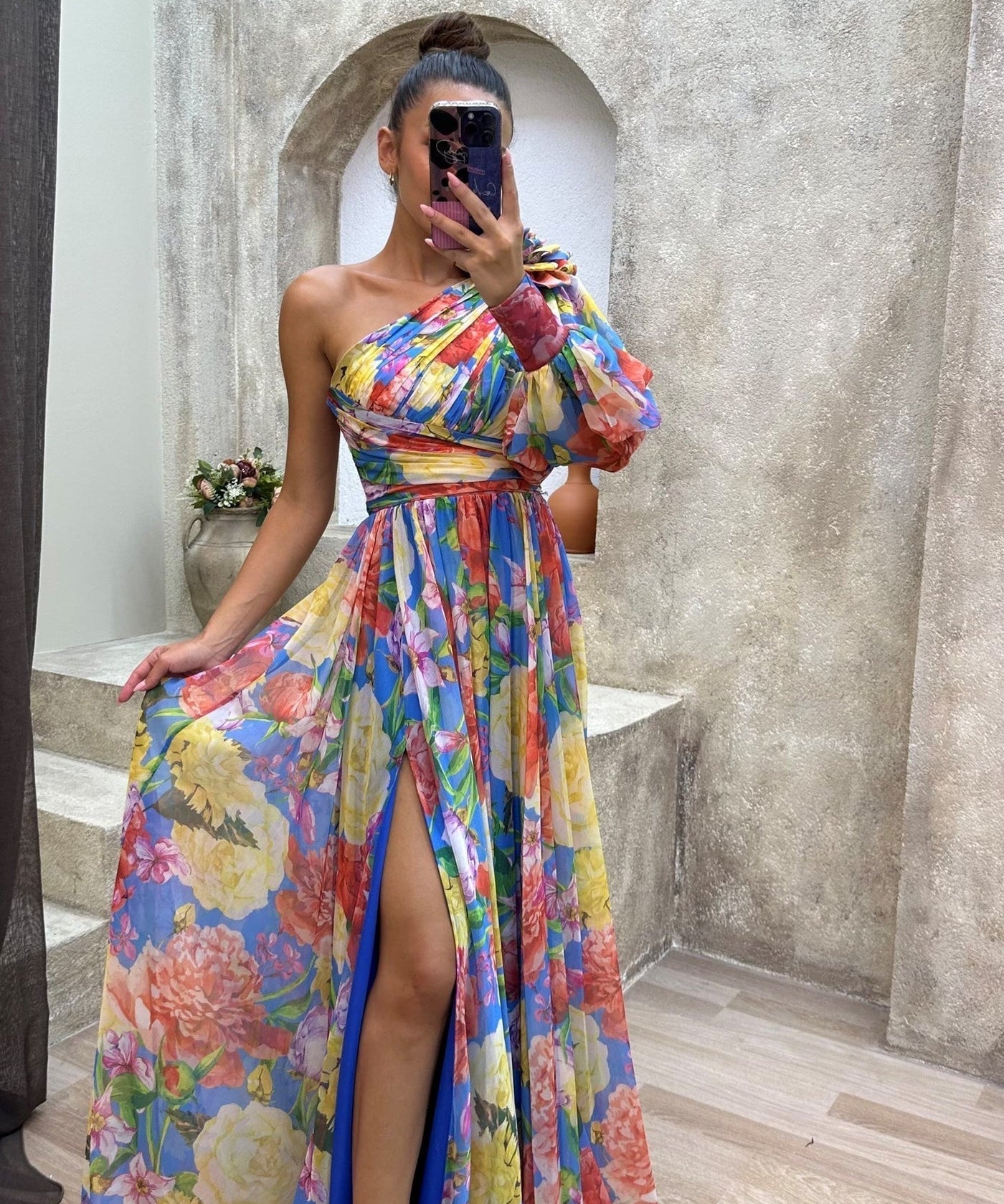 Women's One-shoulder Wedding Guest Dress with Floral Print | Maxi