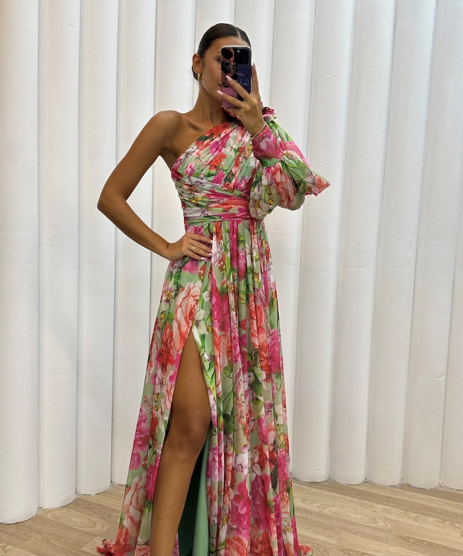 Women's One-shoulder Wedding Guest Dress with Floral Print | Maxi