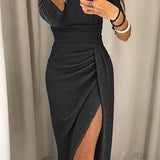 Women's Off Shoulder Evening Dress with Draped Slit | Midi