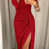 Women's Off Shoulder Evening Dress with Draped Slit | Midi
