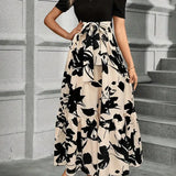 Women's Short Sleeve Round Neck Evening Dress with Bow Tie Waist | Maxi