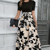 Women's Short Sleeve Round Neck Evening Dress with Bow Tie Waist | Maxi