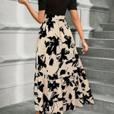 Women's Short Sleeve Round Neck Evening Dress with Bow Tie Waist | Maxi