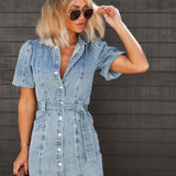 Women's Button Up Short Sleeve Summer Dress with Collar | Mini