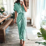 Women's Short Sleeve Ruched Summer Dress with Collar | Midi