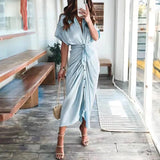 Women's Short Sleeve Ruched Summer Dress with Collar | Midi