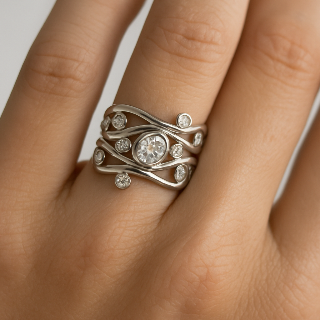 Multi-Layered Silver Ring with Round Zirconia Accents