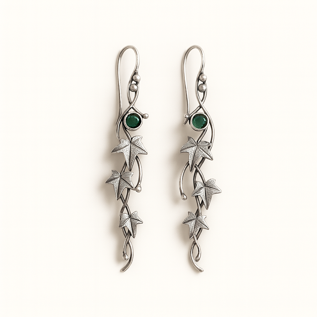 Nature Inspired Leaf and Vine Drop Earrings in Silver Tone