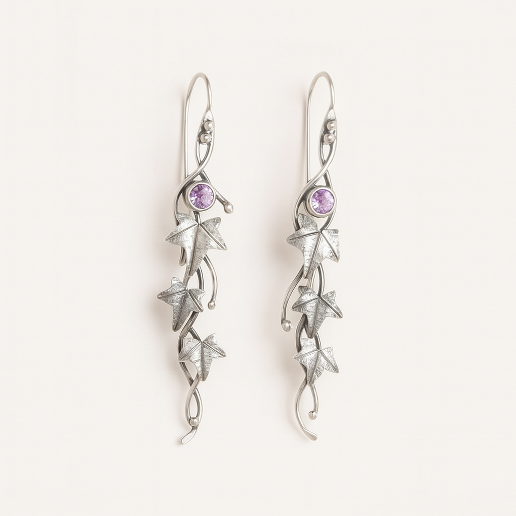 Nature Inspired Leaf and Vine Drop Earrings in Silver Tone