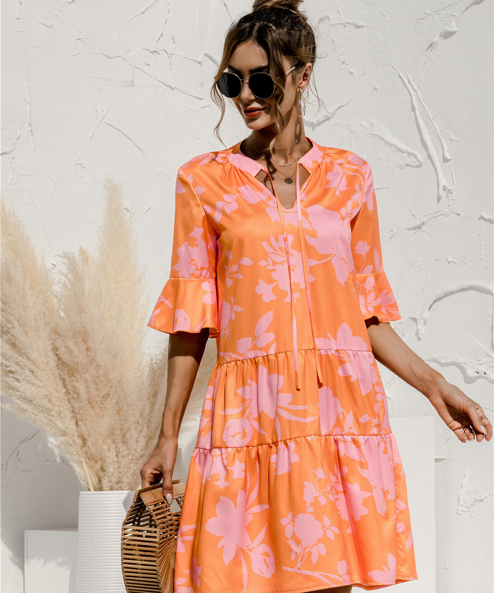 Women's 3/4 Sleeve Ruffle Mini Dress | V-Neck