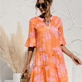 Women's 3/4 Sleeve Ruffle Mini Dress | V-Neck