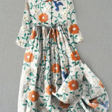 Women's 3/4 Sleeves Floral Print Dress | Midi