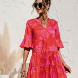 Women's 3/4 Sleeve Ruffle Mini Dress | V-Neck