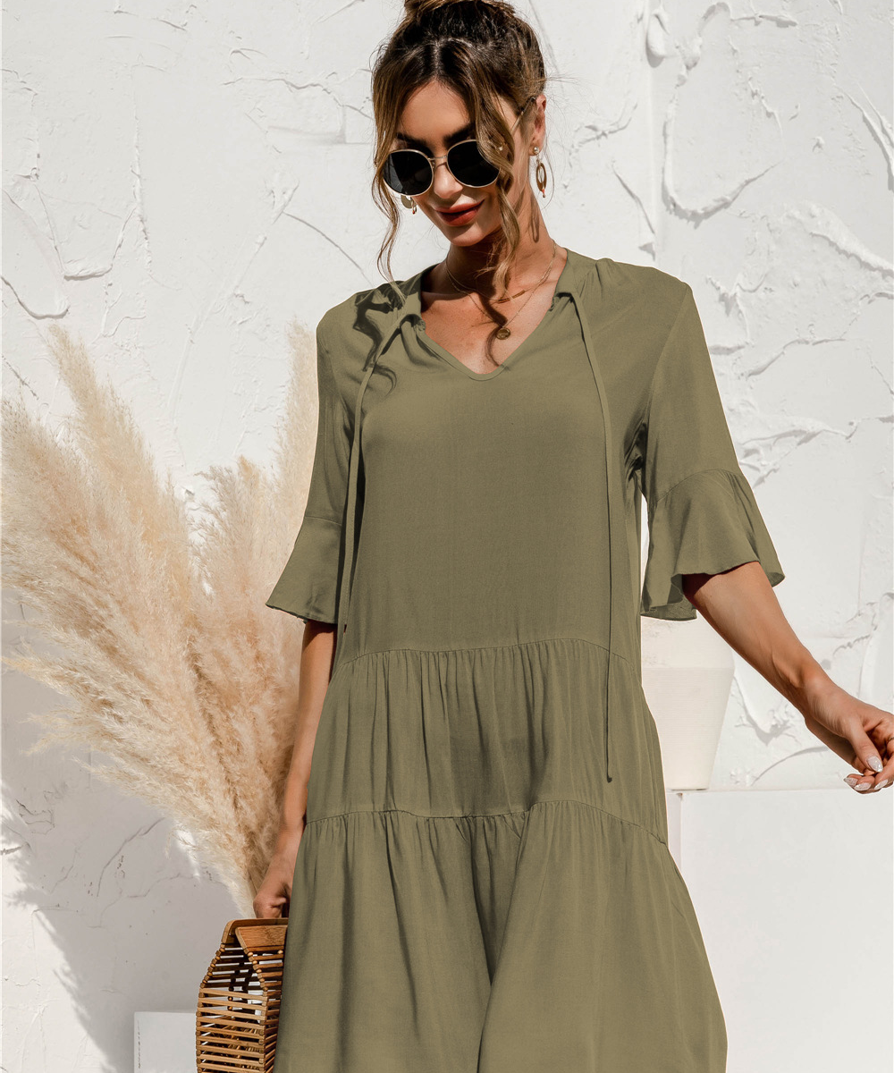 Women's 3/4 Sleeve Ruffle Mini Dress | V-Neck