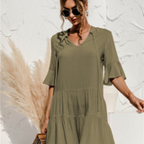 Women's 3/4 Sleeve Ruffle Mini Dress | V-Neck