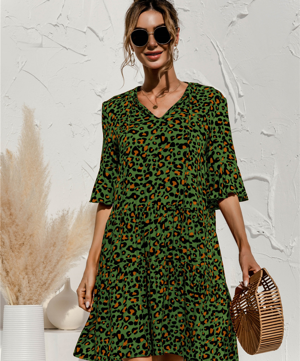 Women's 3/4 Sleeve Ruffle Mini Dress | V-Neck