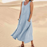 Women's Round Neck Sleeveless Summer Midi Dress | With Pockets
