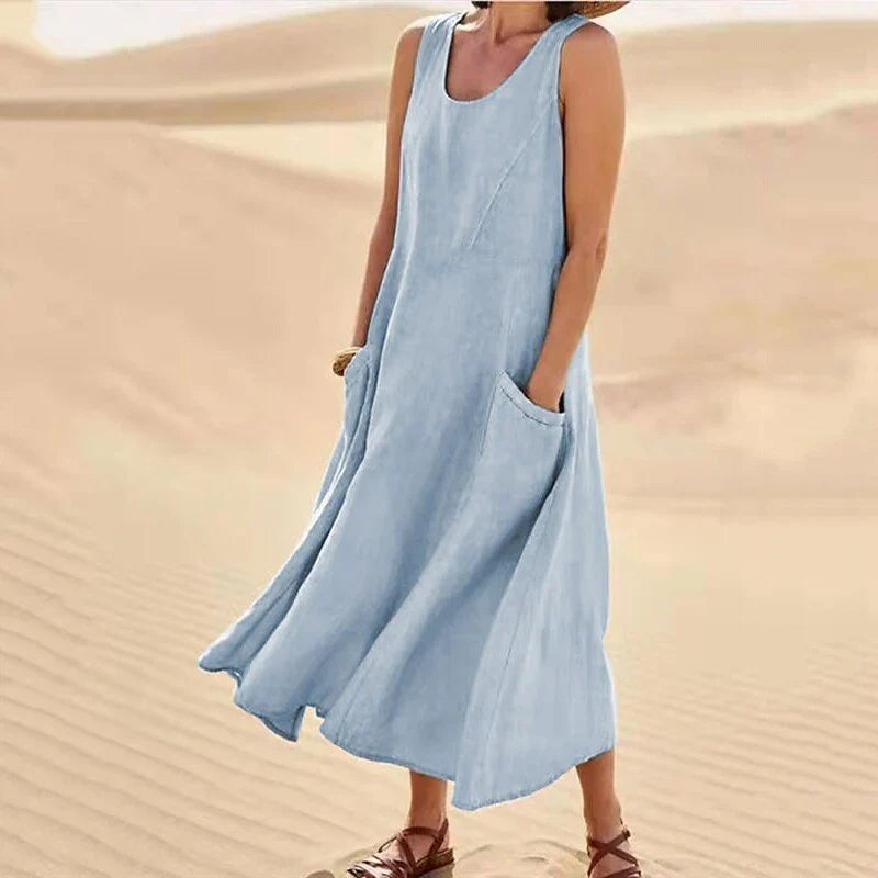 Women's Round Neck Sleeveless Summer Midi Dress | With Pockets