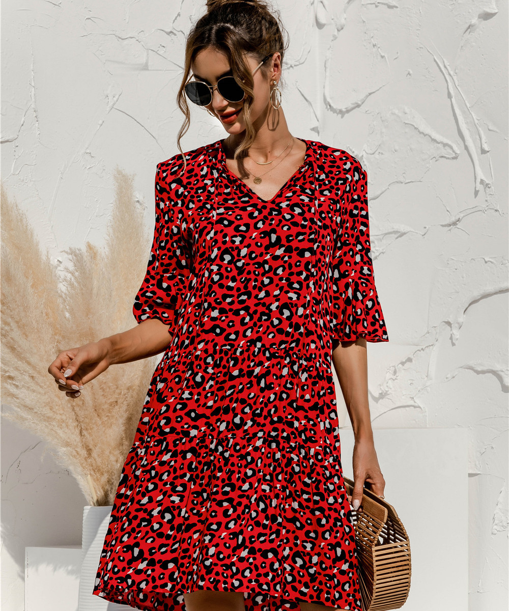 Women's 3/4 Sleeve Ruffle Mini Dress | V-Neck